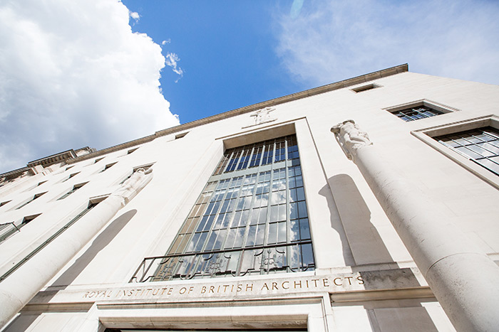 Looking up from the ground at the outside of 66 Portland Place