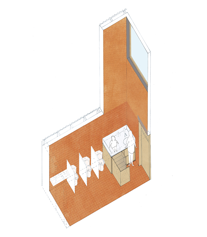 Isometric cross section of a bathroom in Bioclimatic School in Guclardjpg