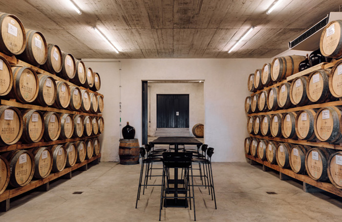 Adega Pico Winery and Hotel barrel storage area and seatingjpg