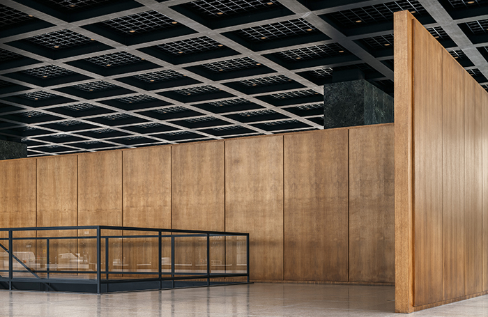 Ceiling detail in open space with stairwell at Neue Nationalgalerie refurbishmentjpg