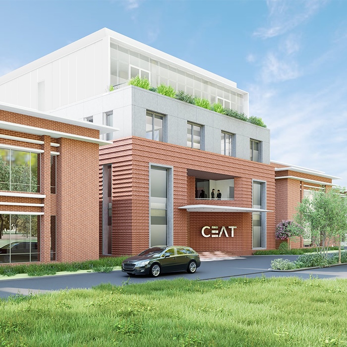 Rendered image square office block in red brick with white cladding upper floorsjpg