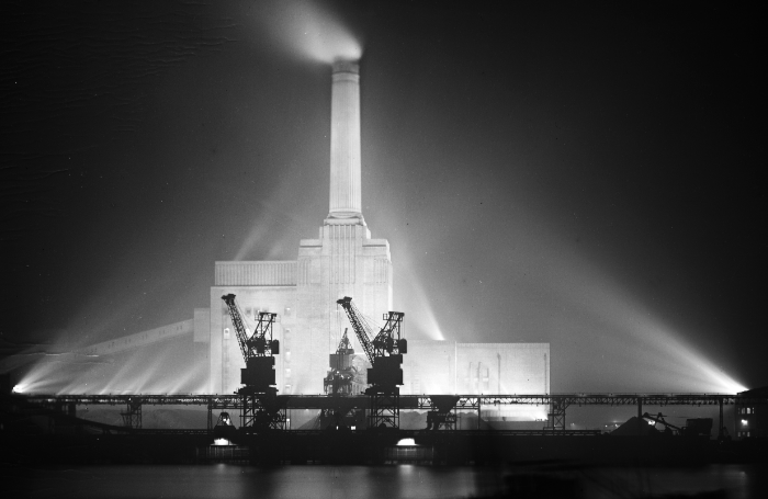 Batterseagreyscalephotosinglecolumpowerstationlitnightpng