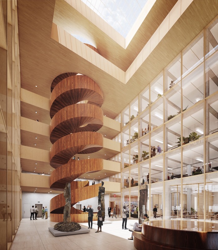 TheFirozLaljiGlobalHubChipperfieldFeixMerlinLSELincolnsInnFields1437LSEIntAtrium700x800jpgjpg CGI image of a open concept atrium with spiral staircase, open levels and skylight