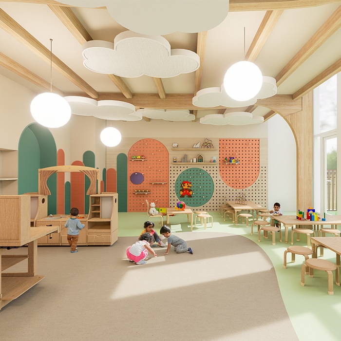 digital art of nursery in muted colours with cloud shaped ceiling decor and with children playing jp