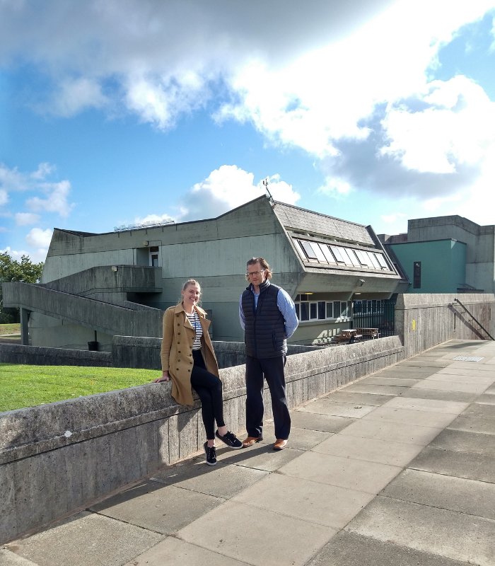 Directors Nick Marriott and Amber Yorke outside Argoed High SchoolWalesAutumn2021700x800png