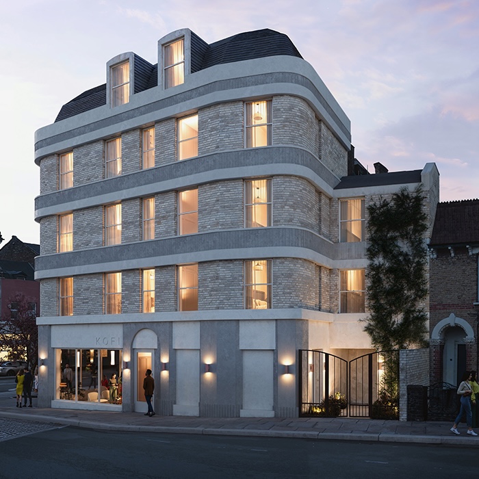 Hotel buff brick rounded city blockjpg
