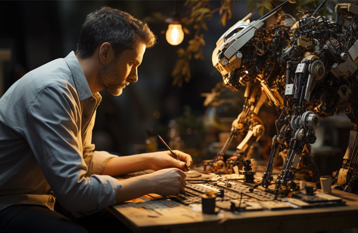 Man facing a robot while over a switchboard table 700jpg