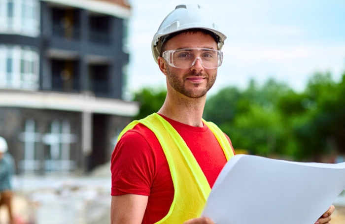 Man wearing a hard hat and hiviz on a building site LARGEjpg