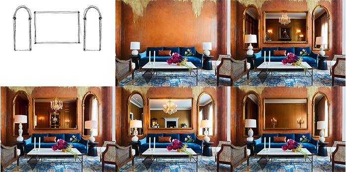A sketch and five AI generated living room scenes where the mirrors reflected different reflectionsj