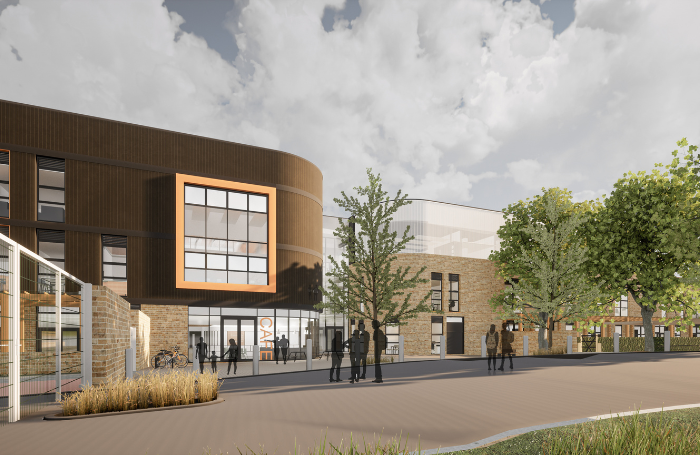 Fairwater Campus main school entrance with tress visual render 700x455png
