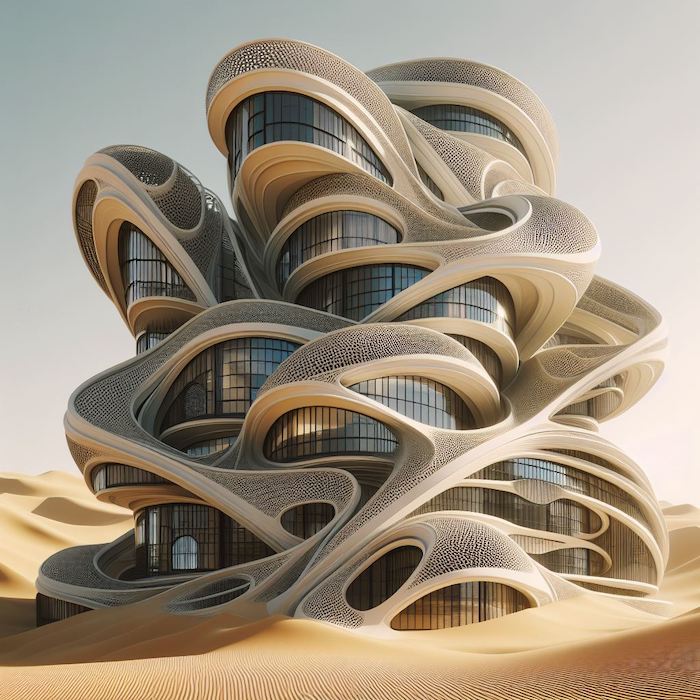 A futuristic curved building generated by AI standing in a desertjpeg
