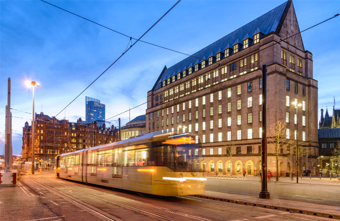 A tram passing through Manchester city centrejpg