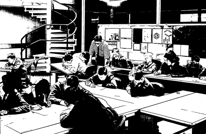 Black and white sketch of students in a classroom Building Bulletin 72 coverjpg