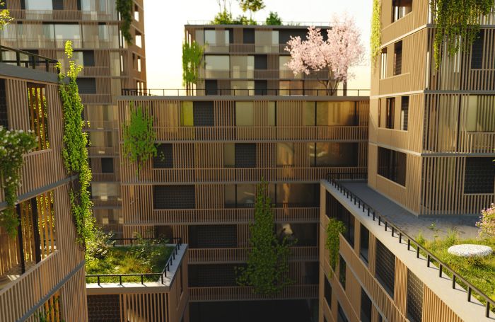 Cluster of modern apartment blocks clad in timber slats with tree gardens 700455jpg