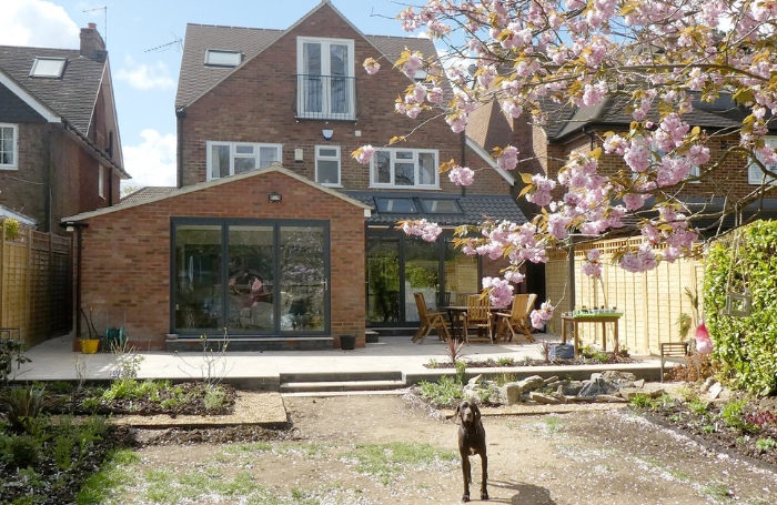 Image of house with new extension from the back garden with a dog inthe foregroundjpg