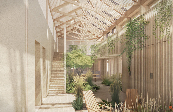 Interior rendering of The Barn project with timber trussed ceiling and indoor plantsjpg