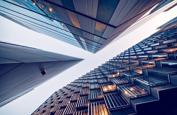 Looking up at modern high rise buildingsjpg