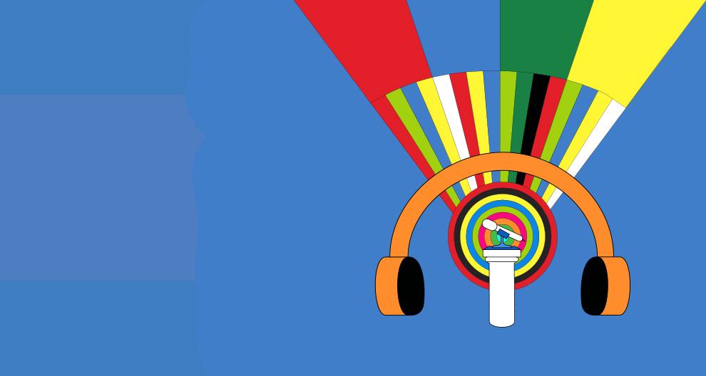 Graphic of headphones and microphone with stand on blue background