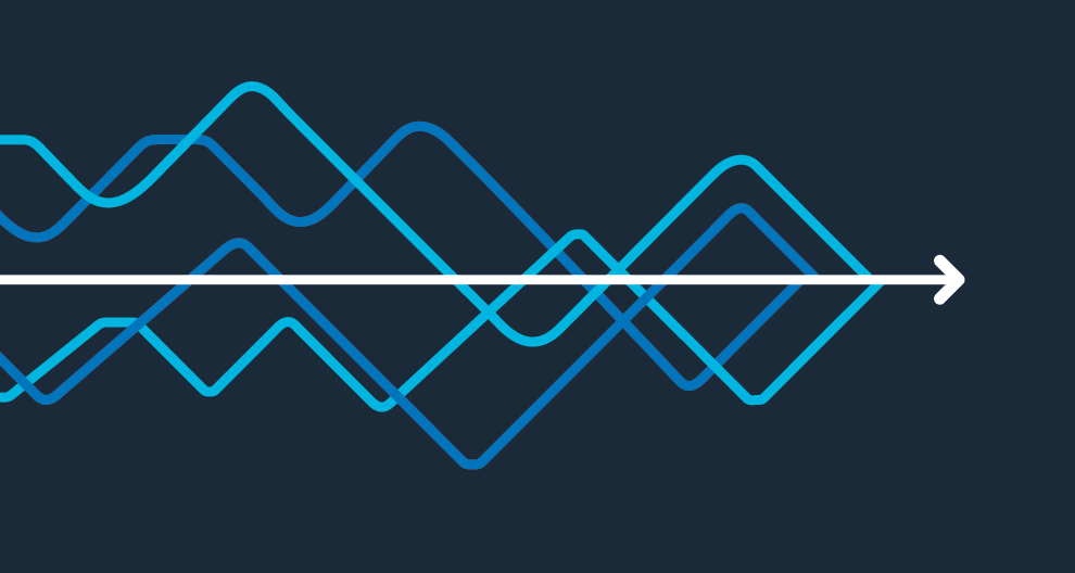 Horizons 2034 multicoloured blue graph lines with white arrow on navy background