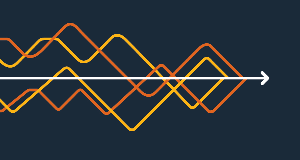 Horizons 2034 multicoloured orange graph lines with white arrow on navy background