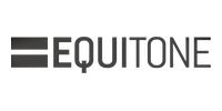 Greyscale logo of the word Equitone with an equals sign emblem